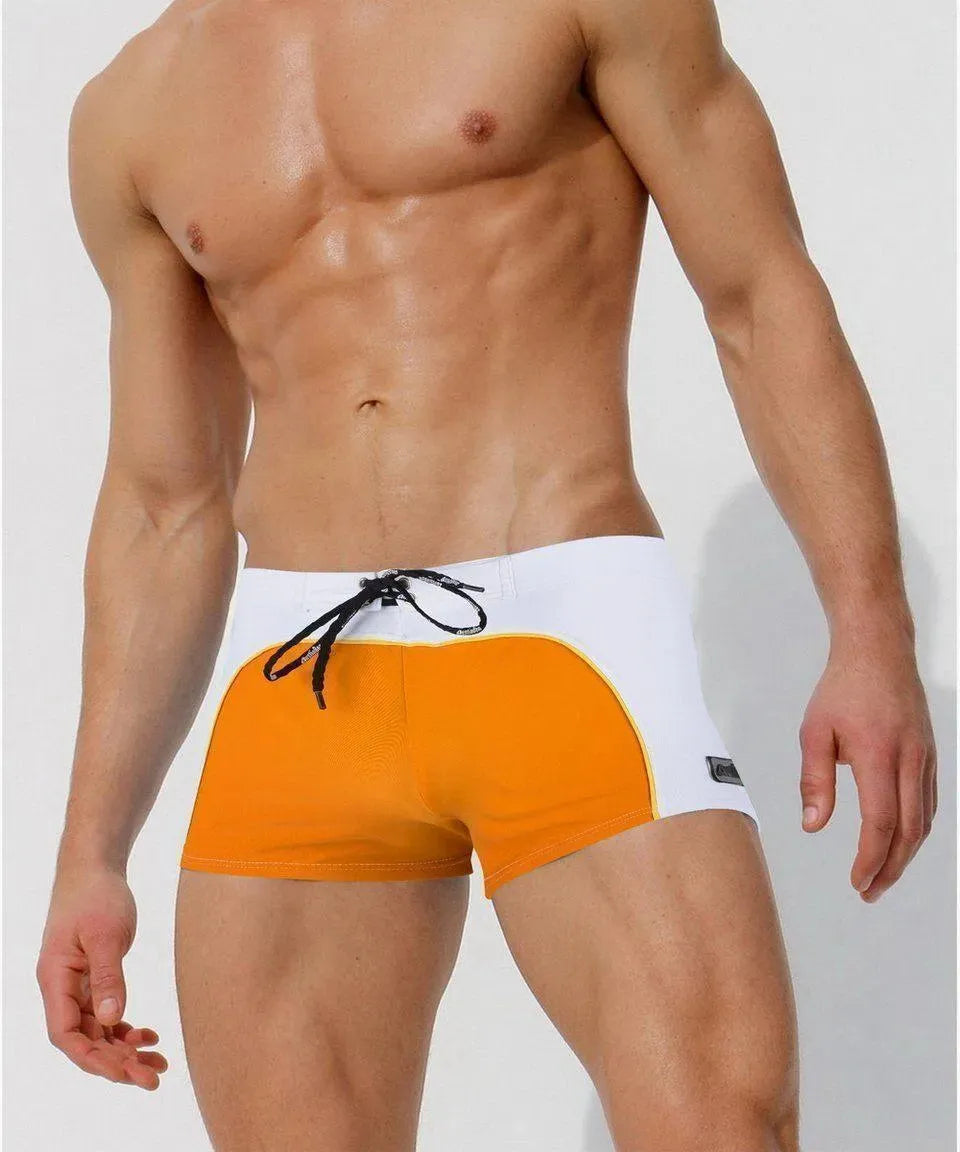 Men Red White Colorblock Swim Shorts