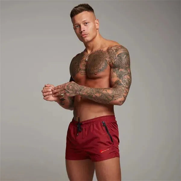 Men Red White Sporty Swim Shorts