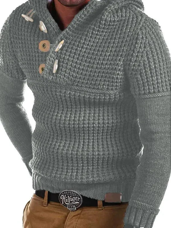 Men’s Hooded Ribbed Pullover Sweater – Horn Button