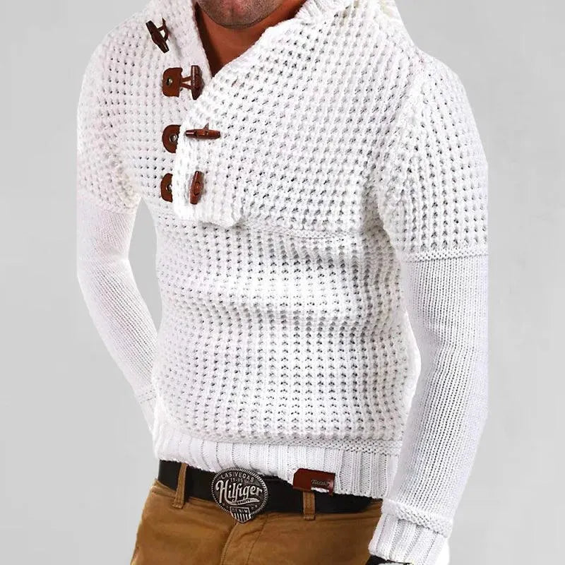 Men’s Hooded Ribbed Pullover Sweater – Horn Button