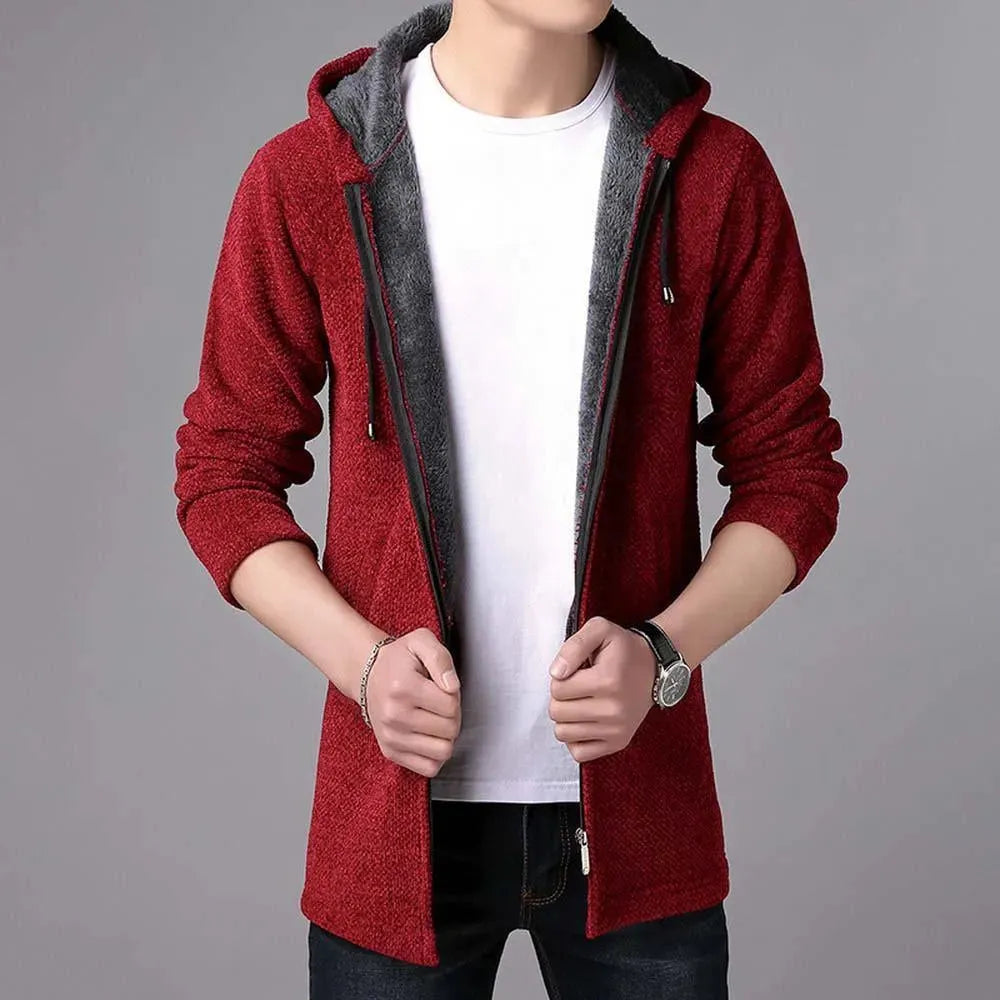 Men’s Long Hooded Cardigan Sweater – Winter Knit