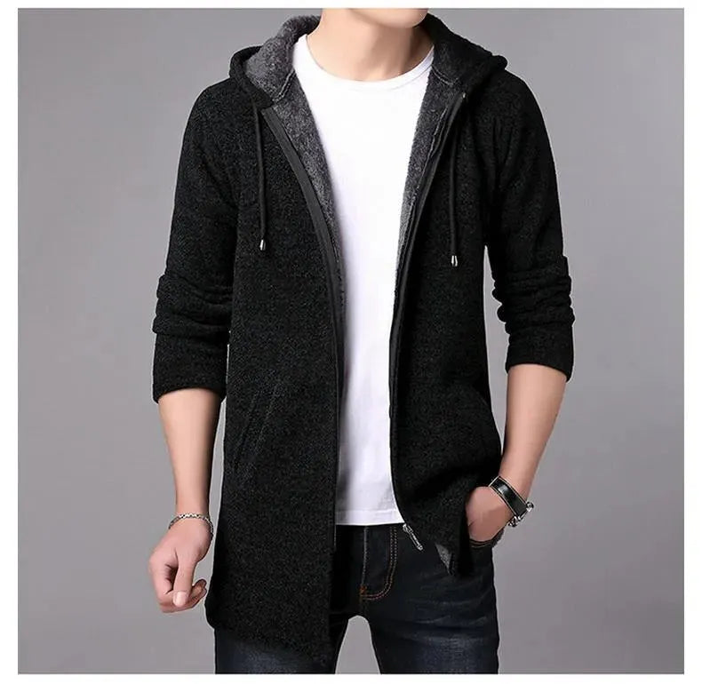 Men’s Long Hooded Cardigan Sweater – Winter Knit