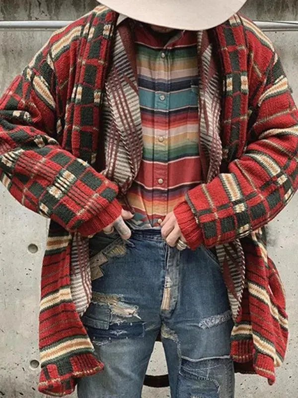 Men’s Plaid Longline Cardigan Sweater – V-Neck Button