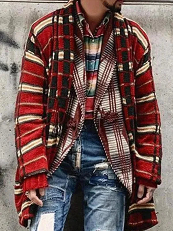 Men’s Plaid Longline Cardigan Sweater – V-Neck Button