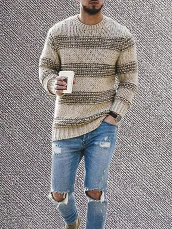 Men’s Striped Crew-Neck Pullover Sweater – Knit