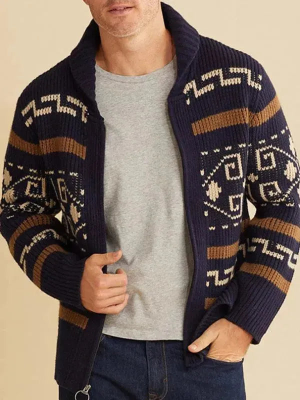 Men’s Zip Jacquard Cardigan Sweater – V-Neck Style