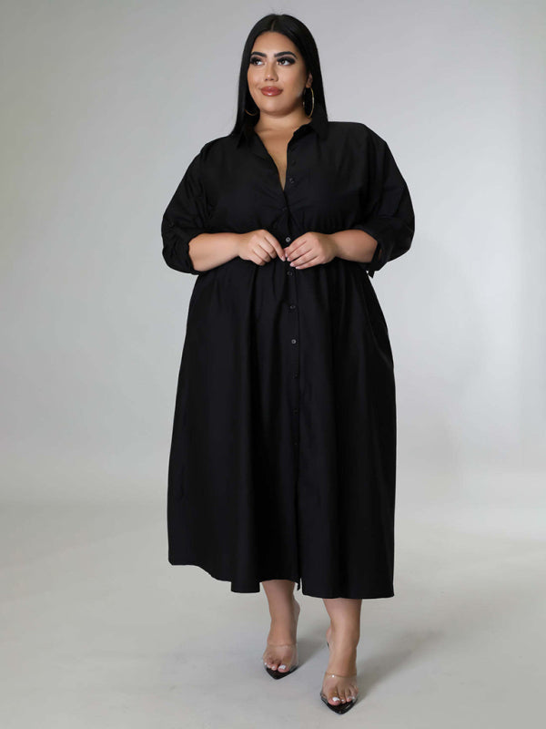 Relaxed Lapel Collar Midi Shirt Dress