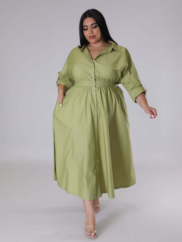 Relaxed Lapel Collar Midi Shirt Dress