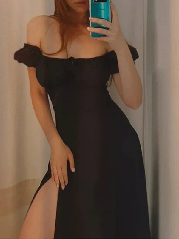 Romantic Black Cotton Puff Sleeve Midi Dress