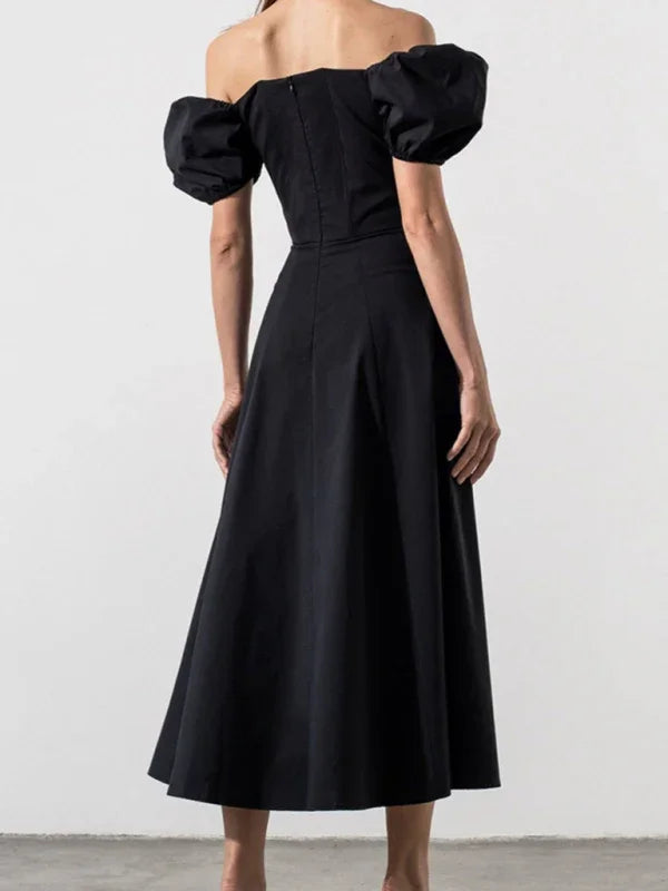 Romantic Black Cotton Puff Sleeve Midi Dress