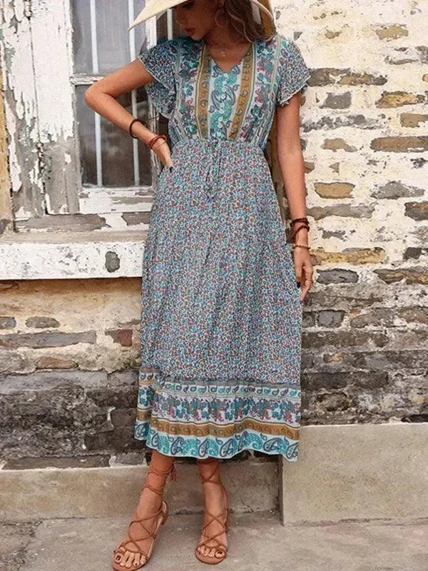 Romantic Blue Floral Chiffon Maxi Dress