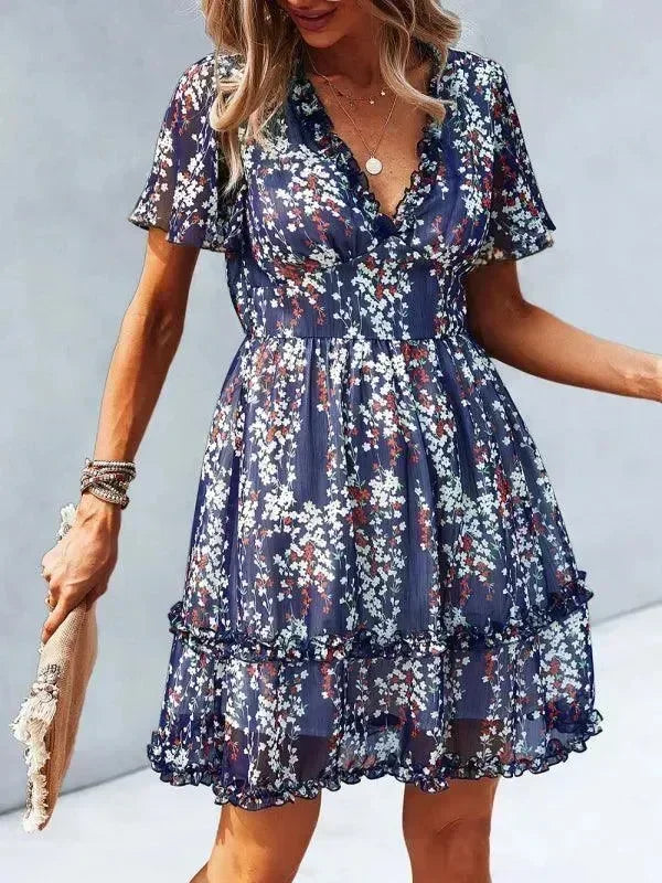 Romantic Blue Floral Cotton Mini Dress