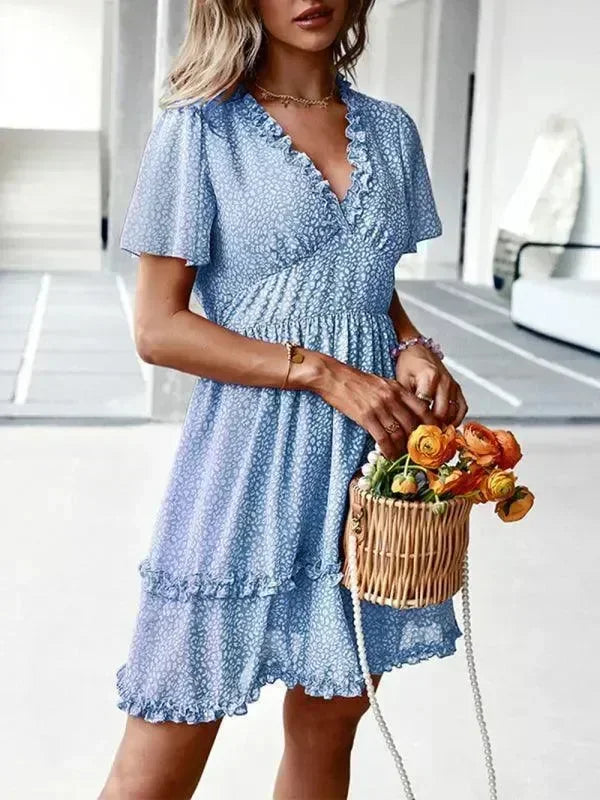 Romantic Blue Floral Cotton Mini Dress