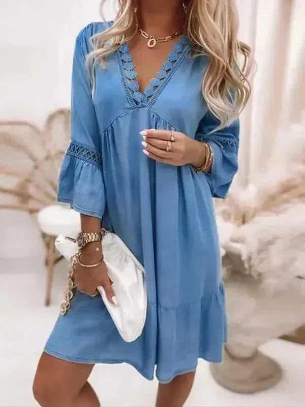 Romantic Blue Lace Cotton Mini Dress