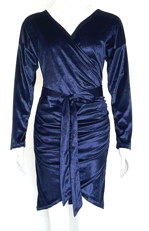 Romantic Blue Velvet Wrap Mini Dress