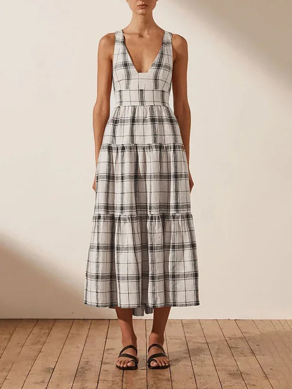 Romantic Checkered Cotton Tiered Midi Dress