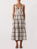 Romantic Checkered Cotton Tiered Midi Dress