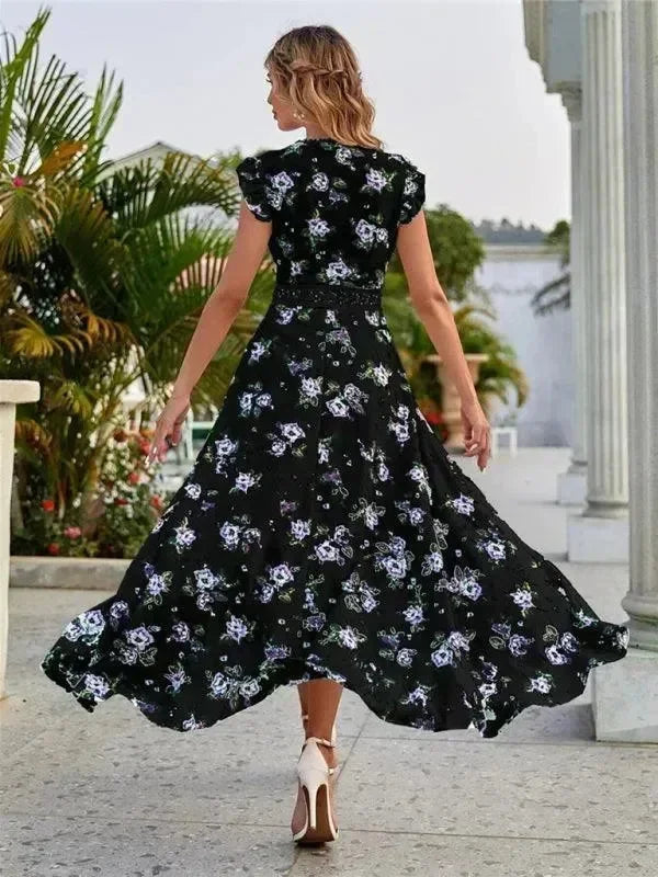 Romantic Floral Asymmetric Chiffon Maxi Dress