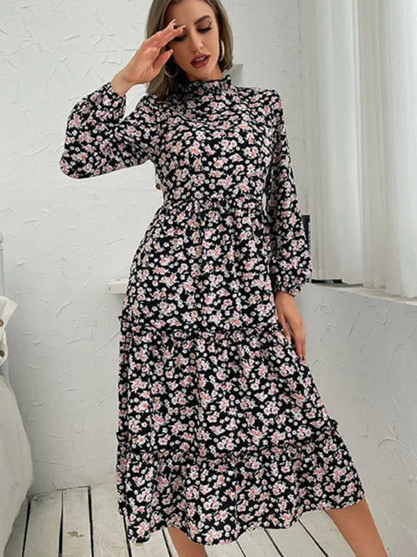 Romantic Floral Chiffon Pleated Midi Dress
