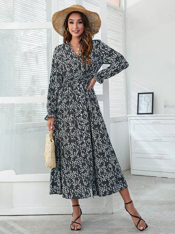 Romantic Floral Chiffon Wrap Midi Dress