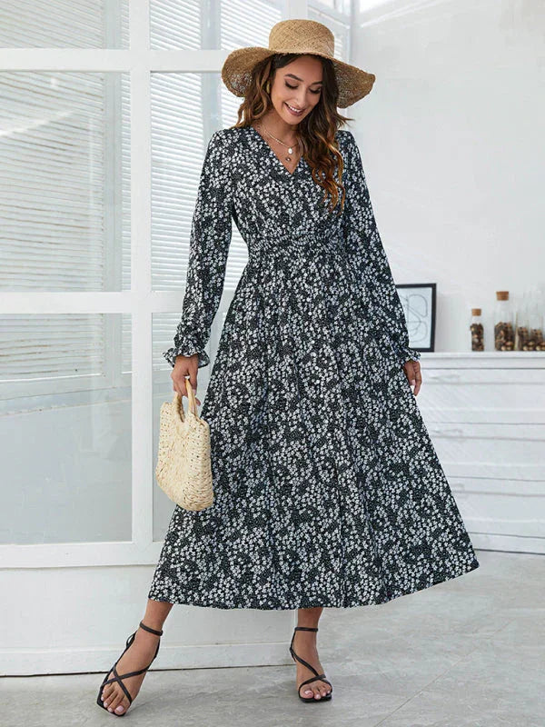 Romantic Floral Chiffon Wrap Midi Dress