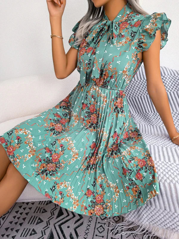 Romantic Floral High-Neck Chiffon Midi Dress