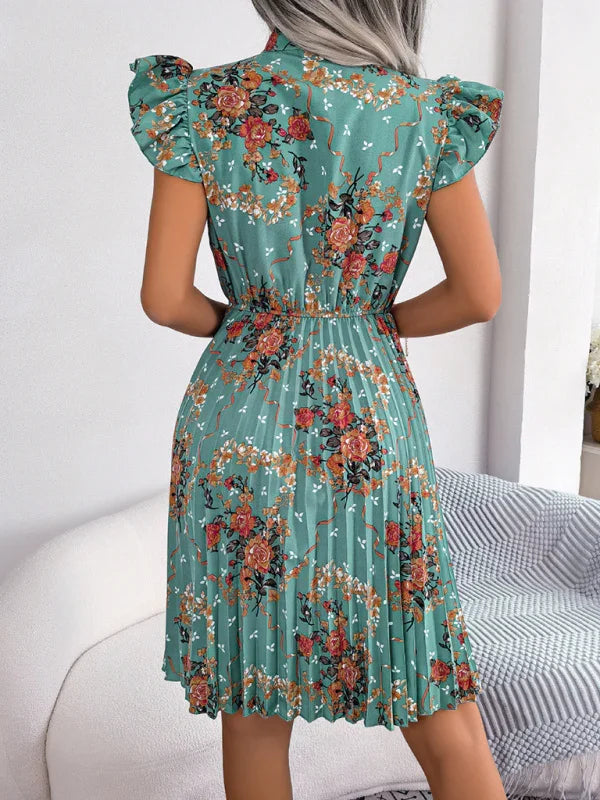 Romantic Floral High-Neck Chiffon Midi Dress