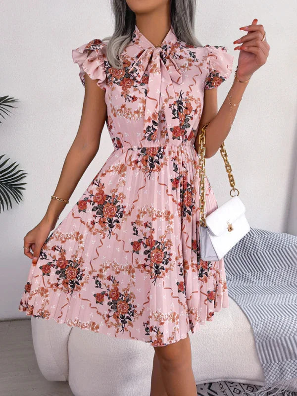Romantic Floral High-Neck Chiffon Midi Dress