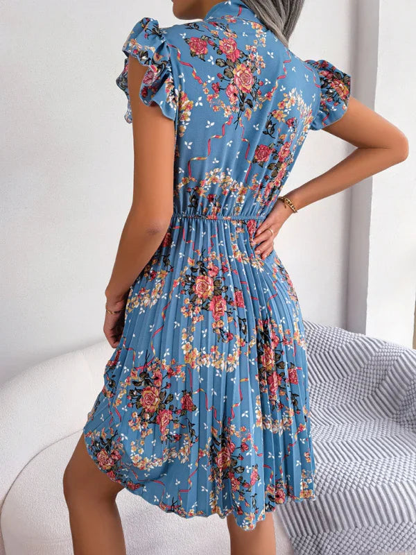 Romantic Floral High-Neck Chiffon Midi Dress