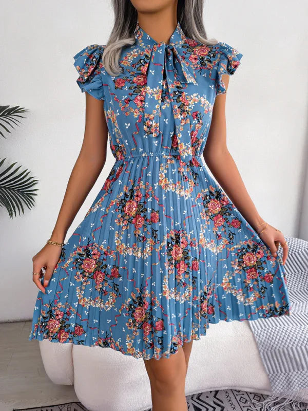 Romantic Floral High-Neck Chiffon Midi Dress