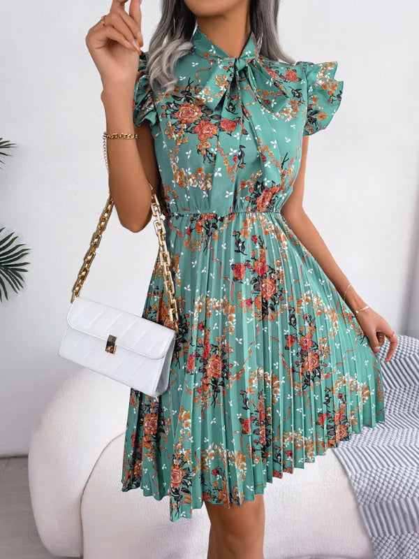 Romantic Floral High-Neck Chiffon Midi Dress