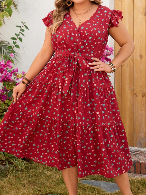 Romantic Floral Lace Wrap Midi Dress