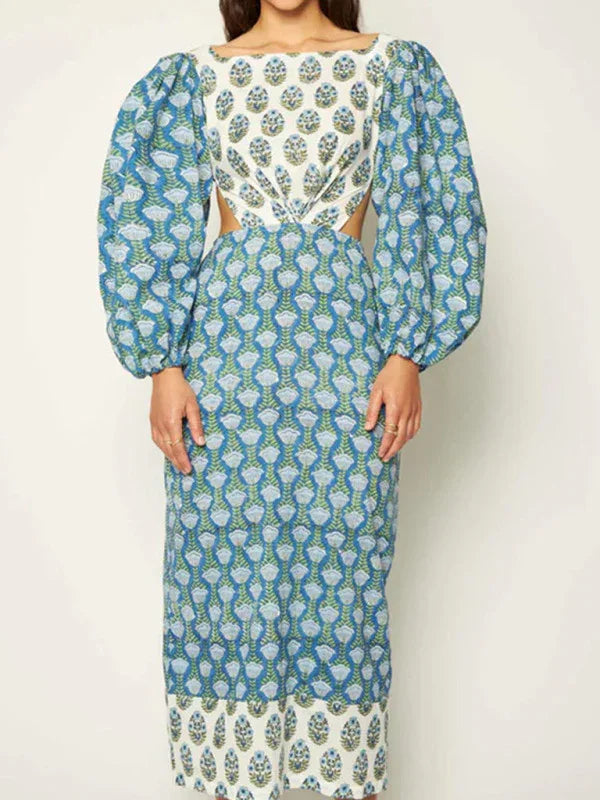 Romantic Floral Lantern Sleeve Midi Dress