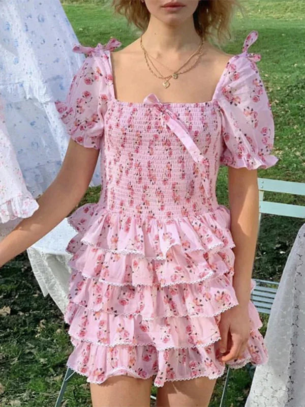 Romantic Floral Tiered Chiffon Mini Dress