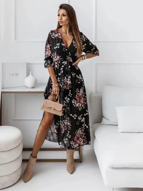 Romantic Floral Wrap Chiffon Midi Dress