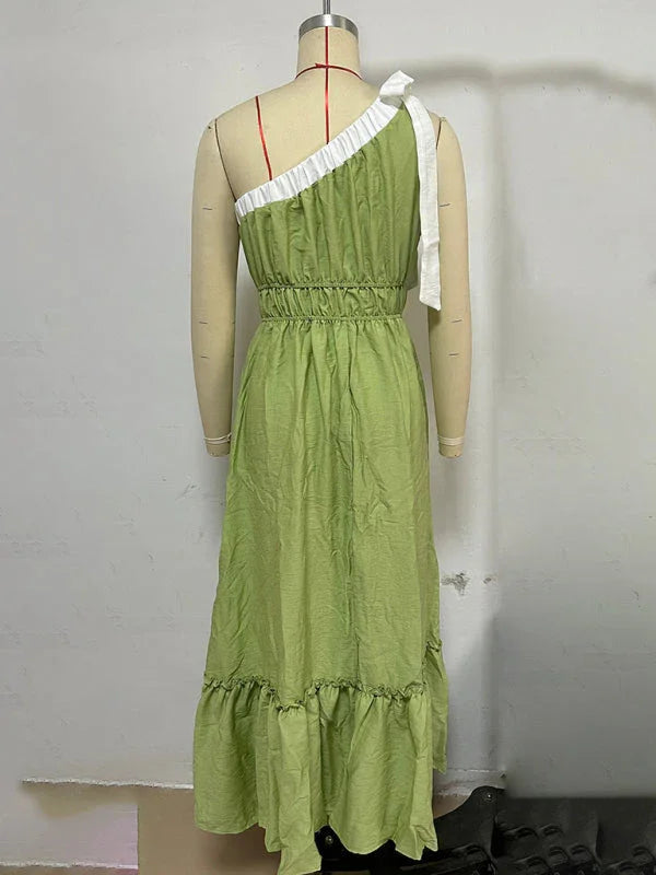 Romantic Green Asymmetric Cotton Maxi Dress