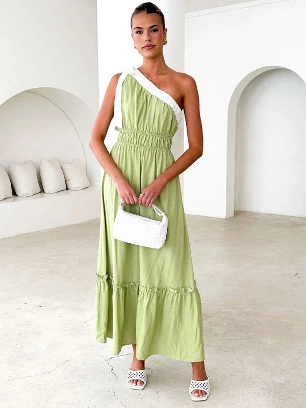 Romantic Green Asymmetric Cotton Maxi Dress