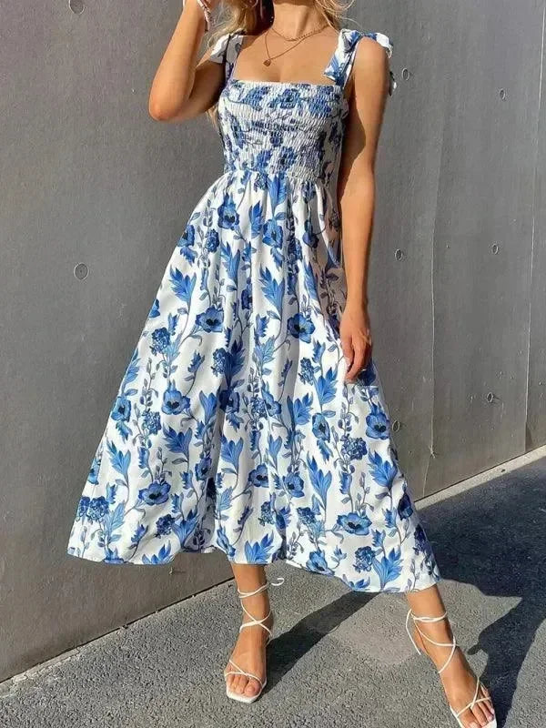 Romantic Green Floral Cotton Midi Dress
