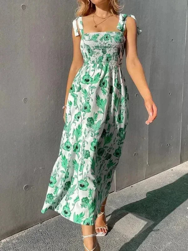 Romantic Green Floral Cotton Midi Dress