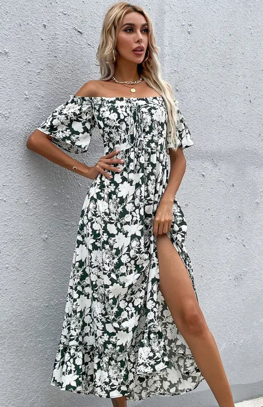 Romantic Green Floral Off Shoulder Midi Dress