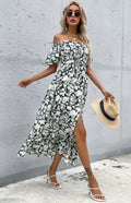 Romantic Green Floral Off Shoulder Midi Dress