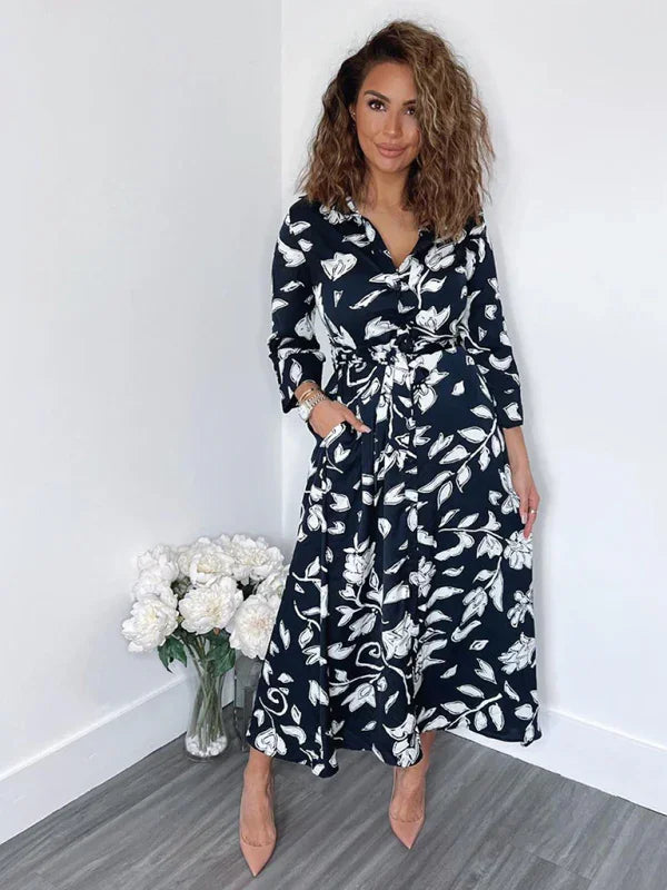 Romantic Navy Floral Wrap Midi Dress