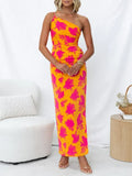 Romantic Orange Floral One-Shoulder Maxi Dress