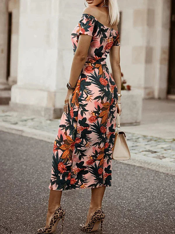 Romantic Pink Floral Chiffon Midi Dress