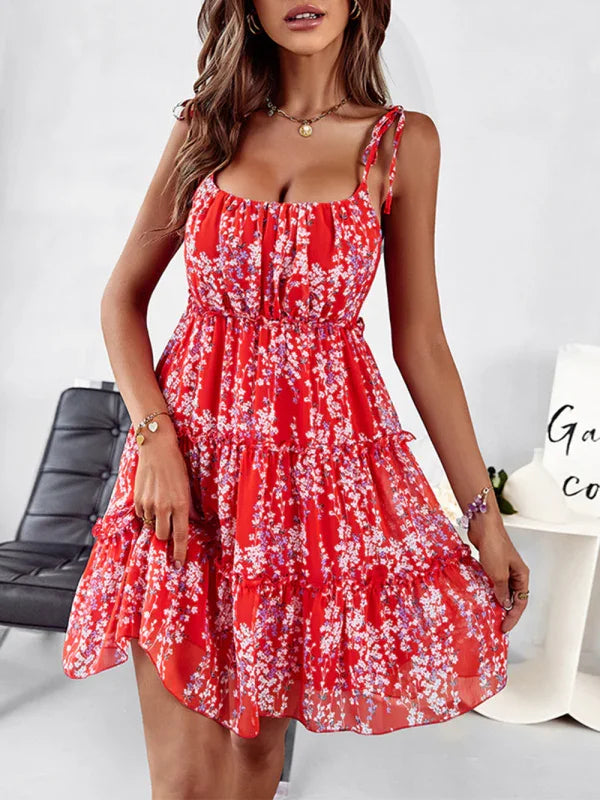 Romantic Red Floral Chiffon Mini Dress