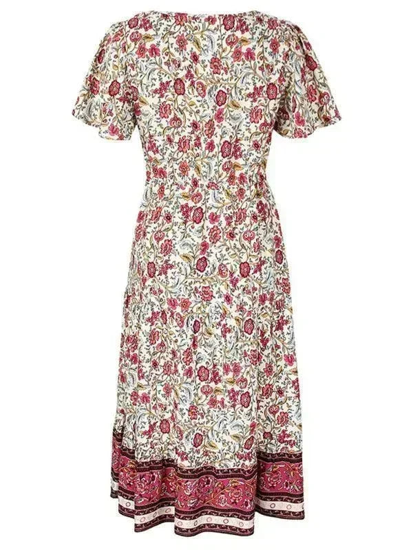 Romantic Red Floral Cotton Maxi Dress