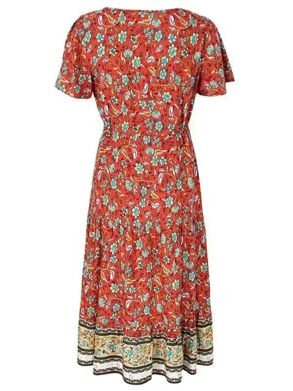 Romantic Red Floral Cotton Maxi Dress