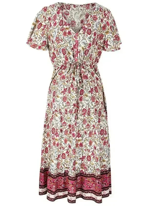 Romantic Red Floral Cotton Maxi Dress