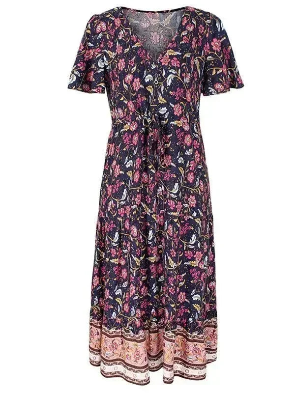 Romantic Red Floral Cotton Maxi Dress