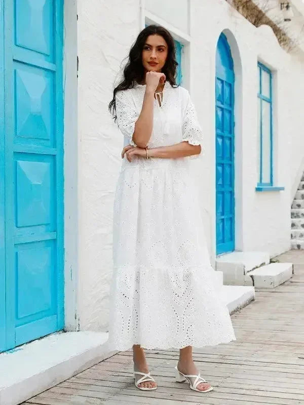 Romantic White Cotton Puff Sleeve Maxi Dress